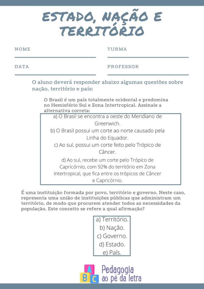 5 Atividades de geografia sobre estado, nação, território e país para imprimir