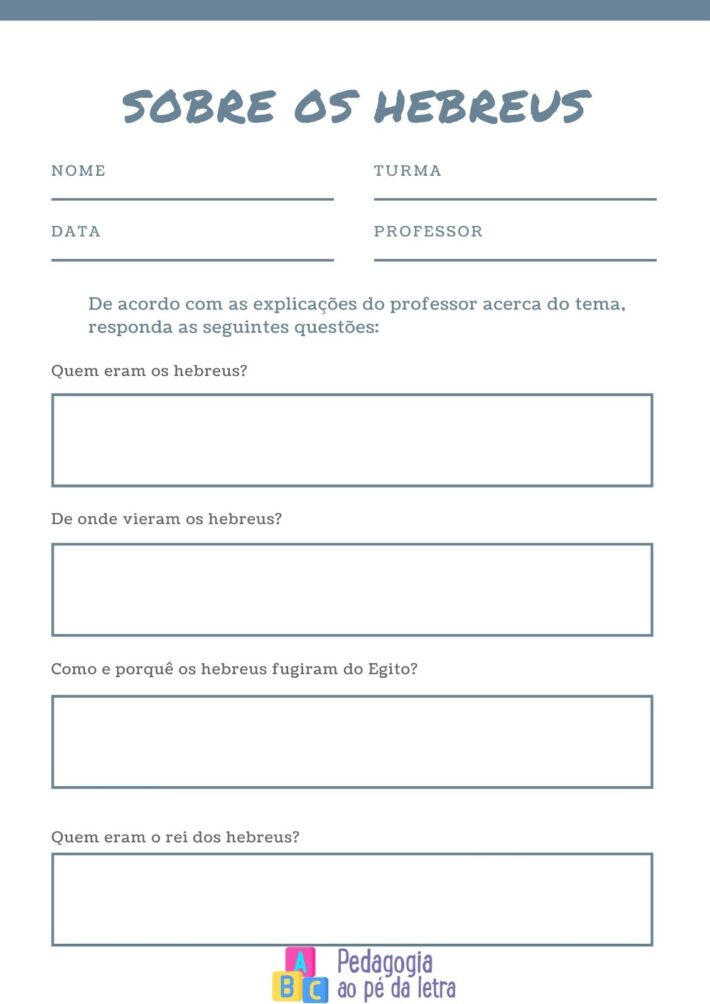 5 Tarefas sobre os hebreus para imprimir no ensino fundamental
